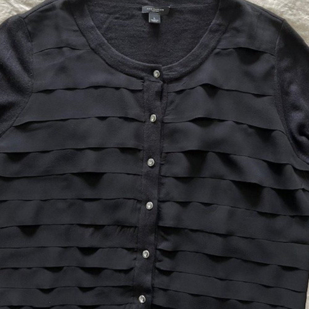 Ann Taylor Classic Black Cardigan with Rhinestone Buttons